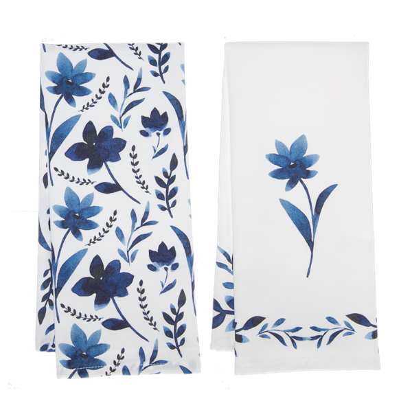 Blue & White Watercolor Floral Tea Towel