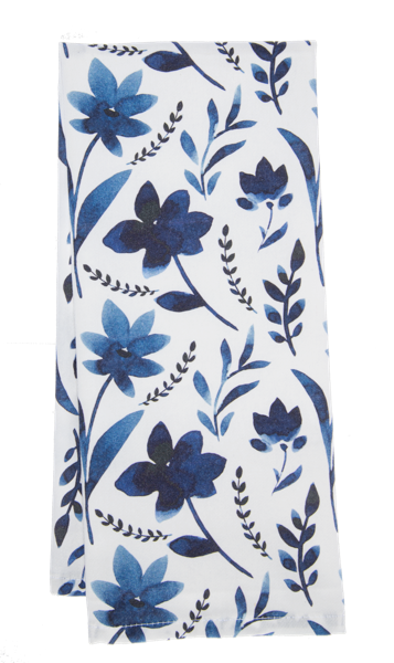 Blue & White Watercolor Floral Tea Towel