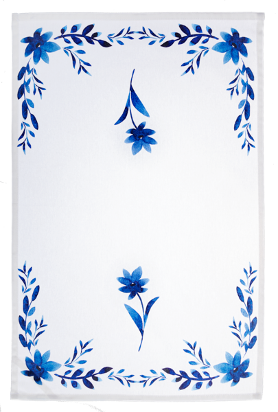 Blue & White Watercolor Floral Tea Towel