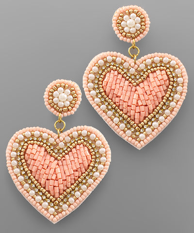 Pink Beaded Heart Earrings
