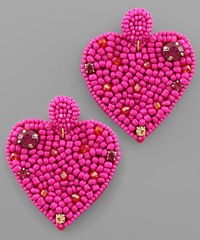 Fuchsia Beaded Heart Earrings