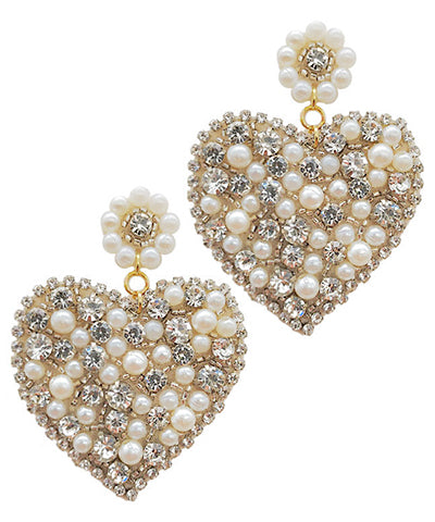 Beaded Crystal Pearl Heart Earrings