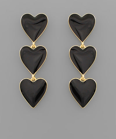 Black Epoxy 3 Heart Drop Earrings