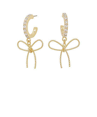 BOW DANGLING PAVE METAL HOOPS GOLD