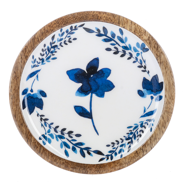 Round Blue & White Watercolor Floral Tidbit Tray