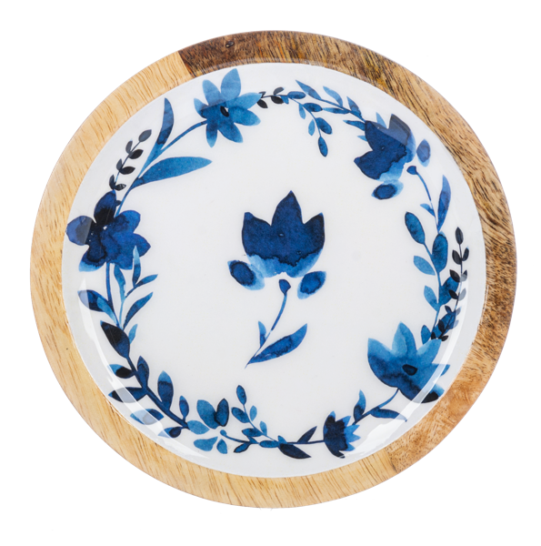 Round Blue & White Watercolor Floral Tidbit Tray