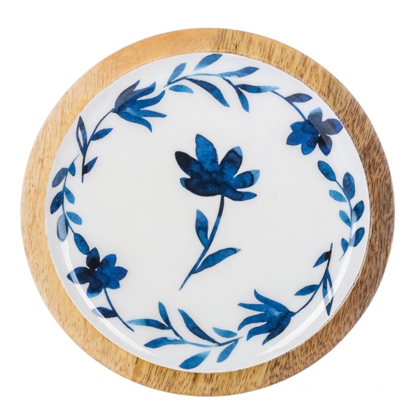 Round Blue & White Watercolor Floral Tidbit Tray