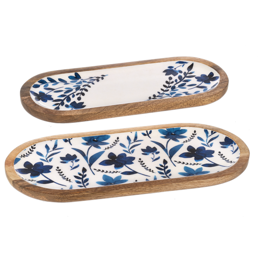 Oval Blue & White Watercolor Floral  Serving Tray