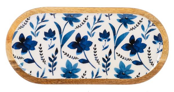 Oval Blue & White Watercolor Floral  Serving Tray