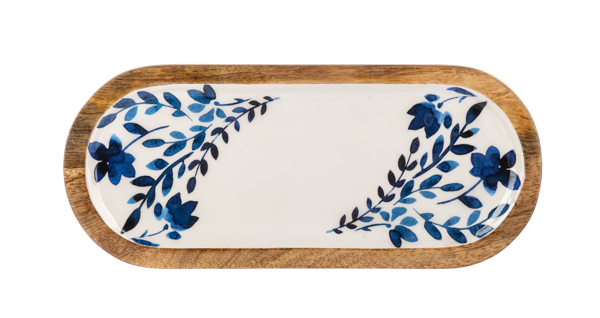 Oval Blue & White Watercolor Floral  Serving Tray