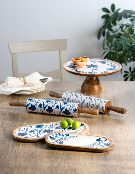 Oval Blue & White Watercolor Floral  Serving Tray