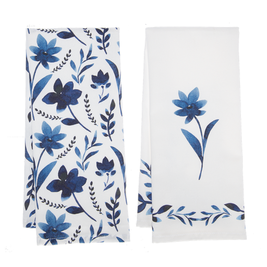 Blue & White Watercolor Floral Tea Towel
