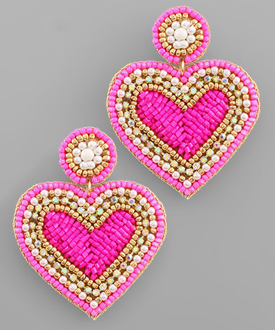 Fuchsia Heart Gold Bead Earrings