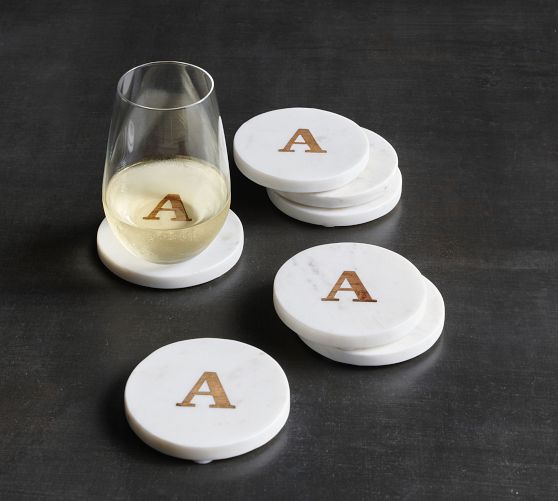 White Marble Initial Coaster Set of 4